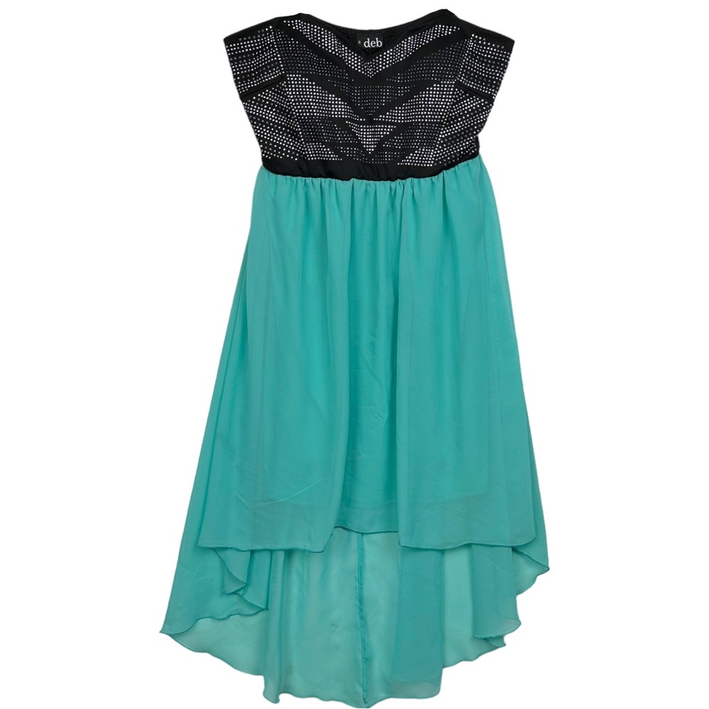 Deb Y2K Boho Rhinestone Strapless High Low Chiffon Flowy Dress Teal - Picture 6 of 12